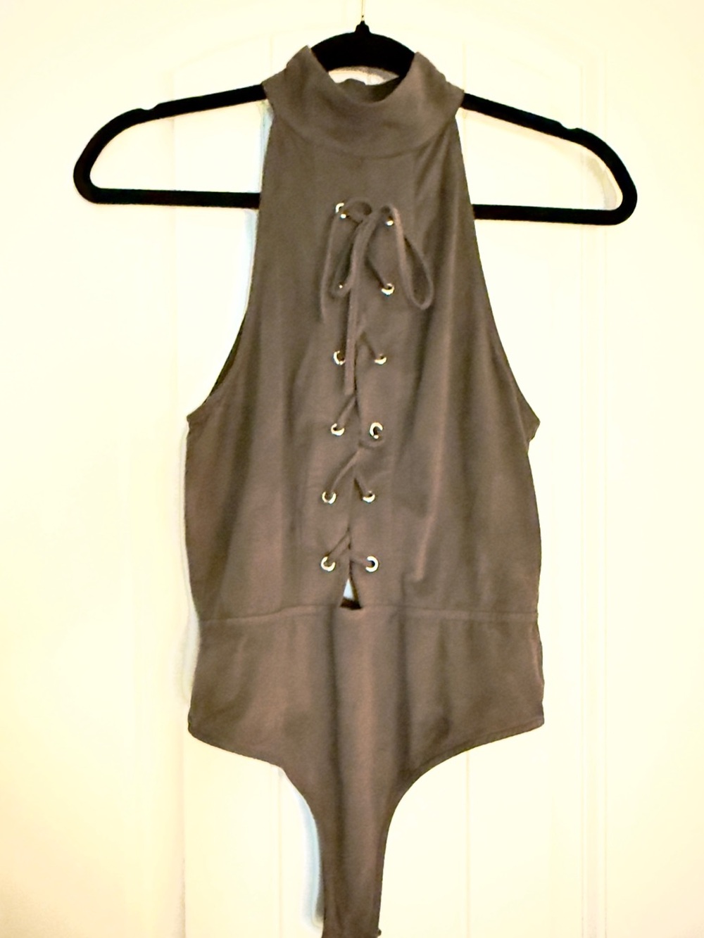 Like New TOBI Olive Color Lace Up Front and Deep Plunge Back Bodysuit.